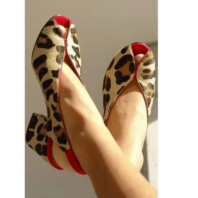 Men Shoes Office - รองเท้าส้นหนาแบบเปิดนิ้วเท้าลายเสือดาวสำหรับผู้หญิง รองเท้าส้นสูงแบบสวม รองเท้าทำงาน