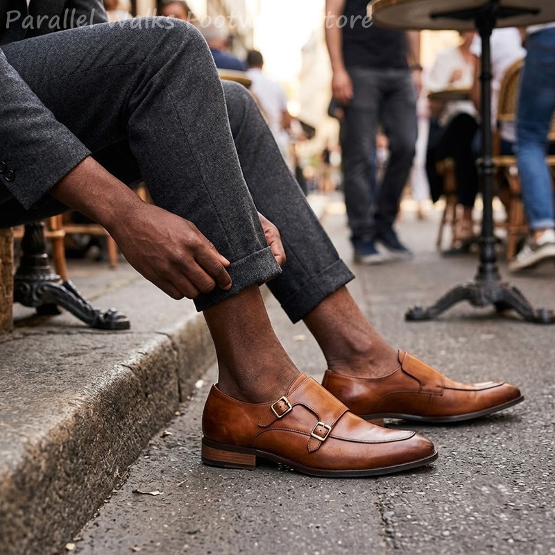 Men Shoes Oxford - รองเท้าโลฟเฟอร์แบบสวมสำหรับผู้ชาย หัวเข็มขัดคู่ สไตล์วินเทจ รองเท้าเดรสคลาสสิก รองเท้าออกซ์ฟอร์ดแบบทางการ รองเท้าลำลองสำหรับธุรกิจ