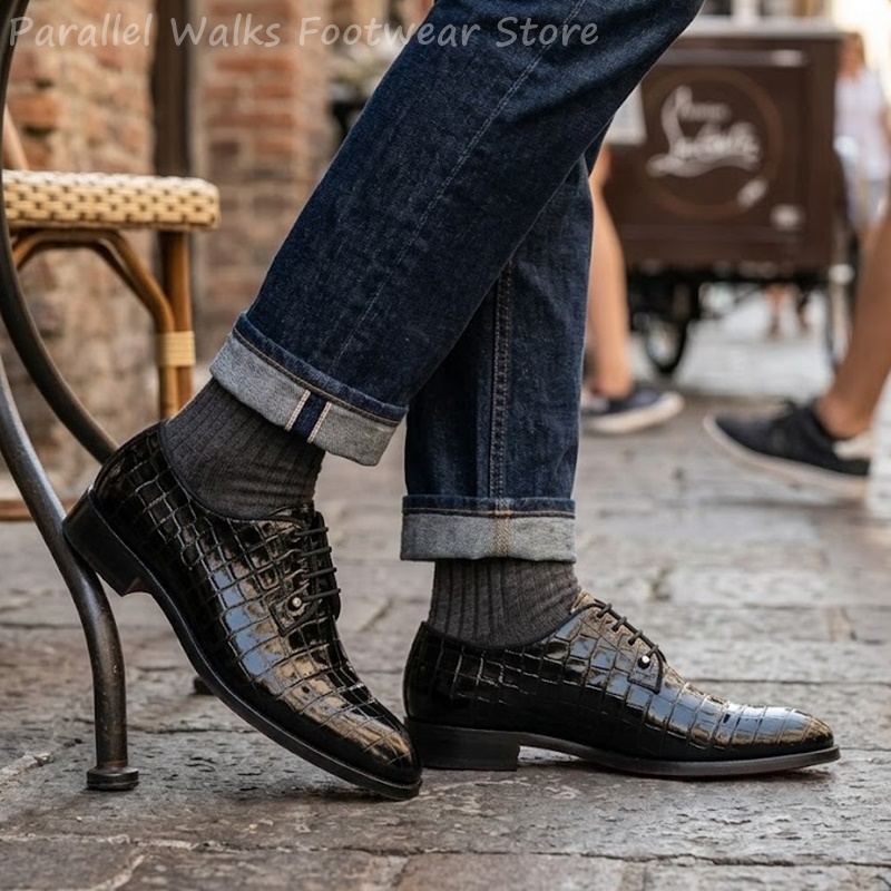 Men Shoes Oxford - รองเท้าหนังแก้วผู้ชายลายหนังจระเข้ แบบผูกเชือก รองเท้าทางการสำหรับงานเลี้ยง งานแต่งงาน รองเท้าหนังเงาแบบเดอร์บี้