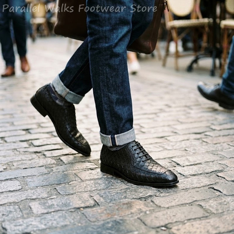 Men Shoes Oxford - รองเท้าอ็อกซ์ฟอร์ดผู้ชายลายหนังปลาแบบนูน ทรงบร็อก ปลายแหลม ผูกเชือก สำหรับงานทางการ ธุรกิจ